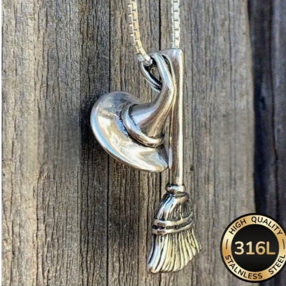 Stainless Steel Harry Potter Hogwarts Wizards Hat and Broom Unisex Necklace